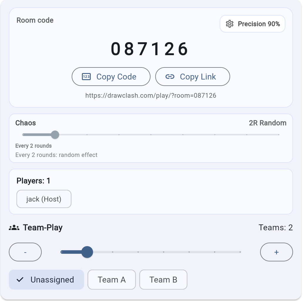 DrawClash-Lobby mit 6-stelligem Raumcode, Einladungslink und Team-Play-Optionen.